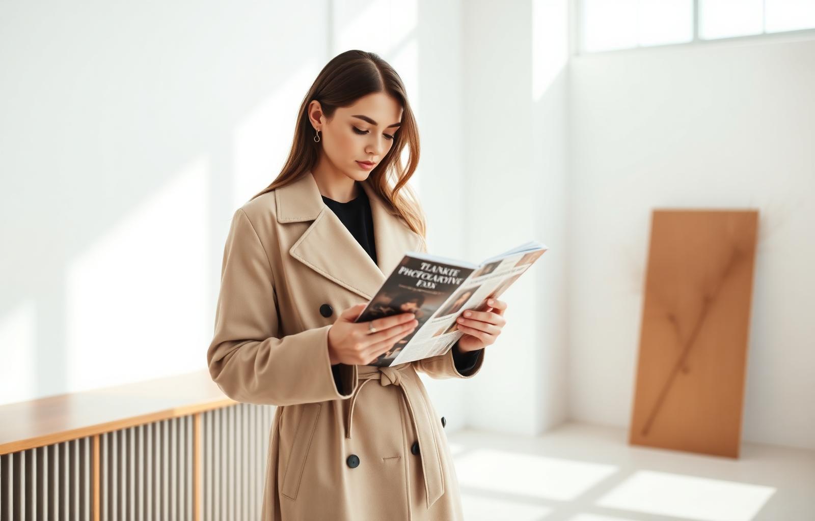 Mulher de trench coat bege folheia uma revista em estúdio iluminado