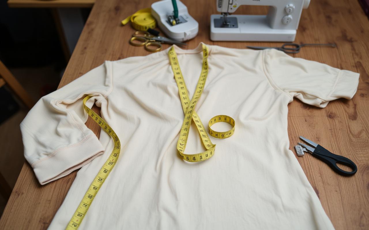 Camiseta sobre mesa de atelier com fita métrica e tesoura