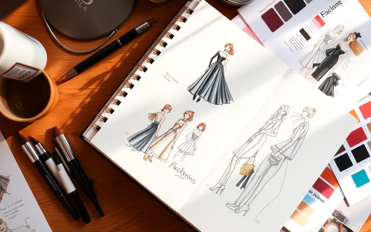 Mesa de designer com croquis e cartela de cores