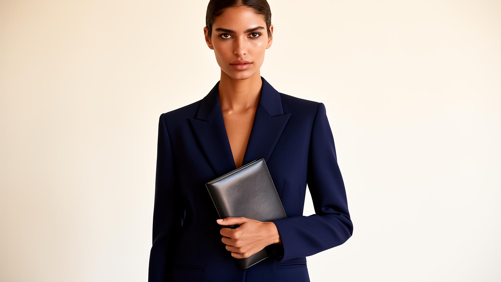 Modelo em blazer navy editorial segurando uma agenda de couro