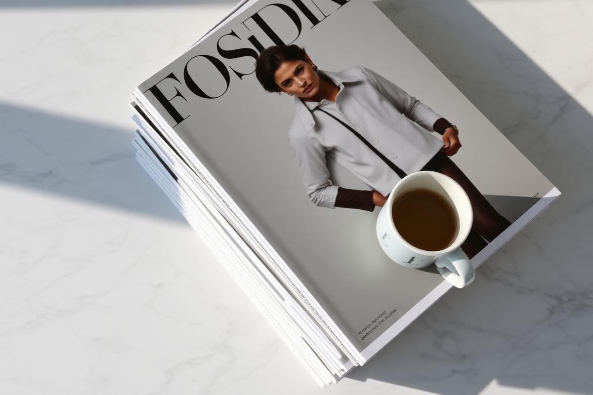 Pilha de revistas de moda em uma mesa de mármore com xícara de café